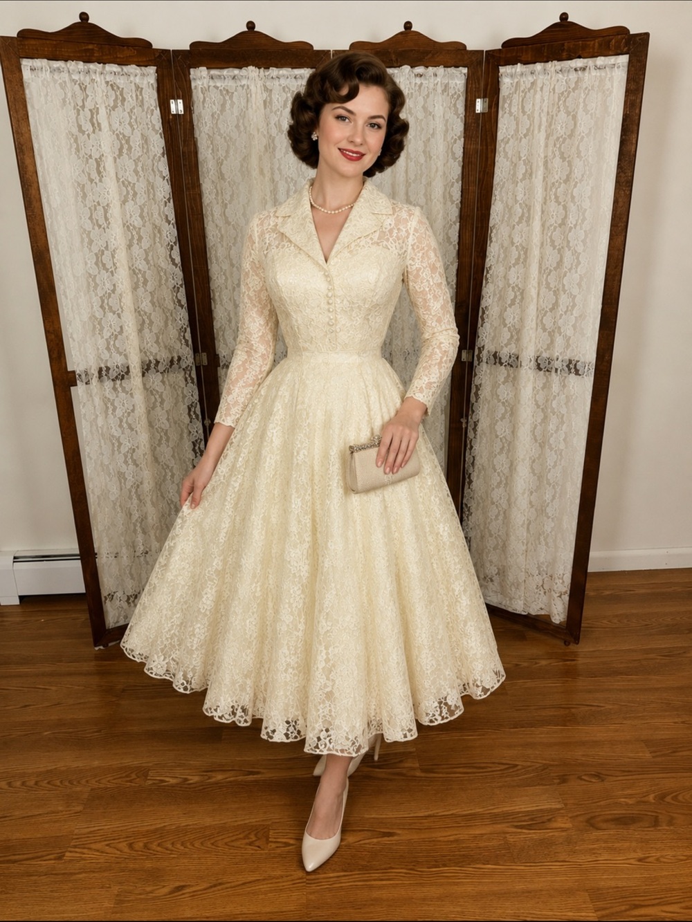 Fabulous Vintage 1950s Full Lace Tea Length 2 Piece Wedding Dress